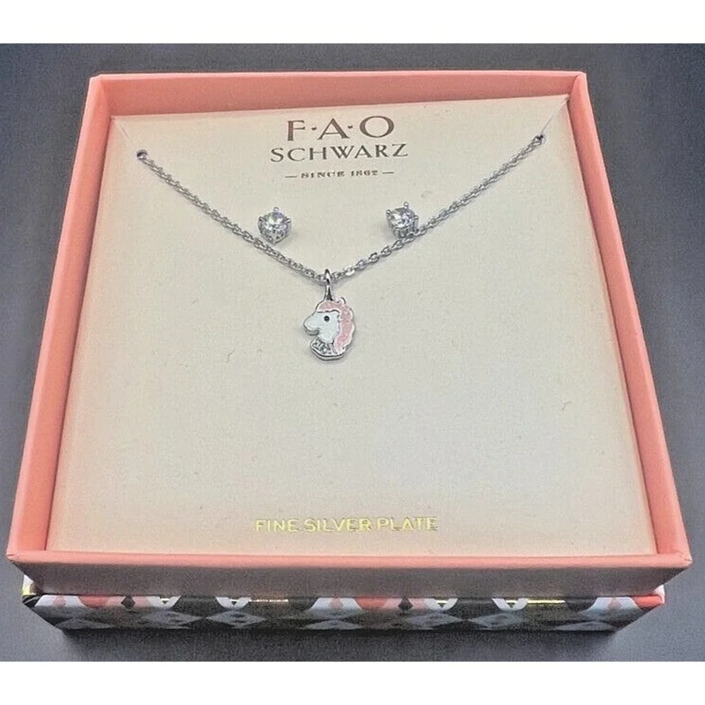FAO Schwarz Childrens Unicorn Necklace & Earrings Set Fine Silver Plate Gift Box